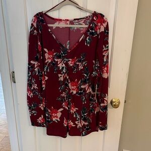 EVRI Burgundy Floral V-Neck Long Sleeve Blouse